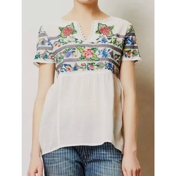 Anthropologie Vanessa Virginia Moineau Bouquet Embroidery Short Sleeve Top 0p XS - Picture 1 of 11